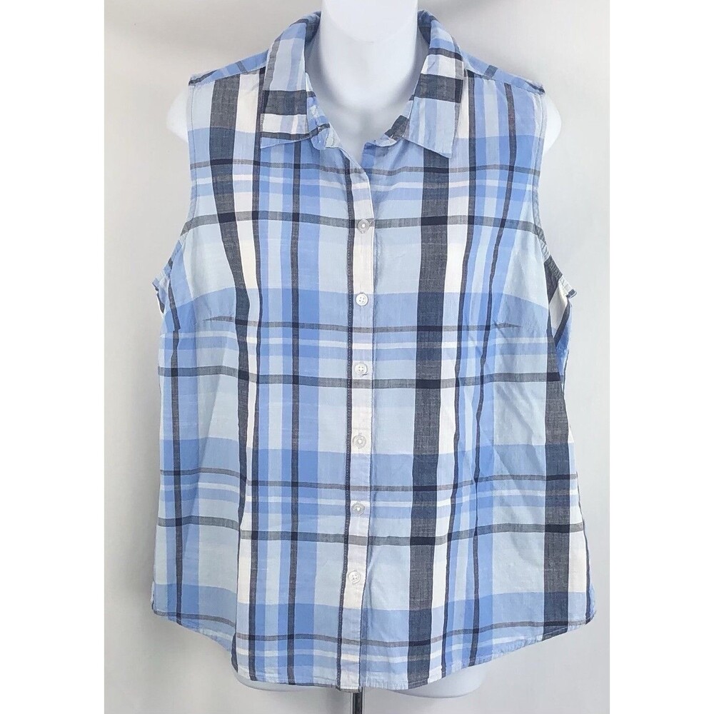 Vintage Sleeveless Top L Blue Plaid Tartan ButtonUp Cottage western country